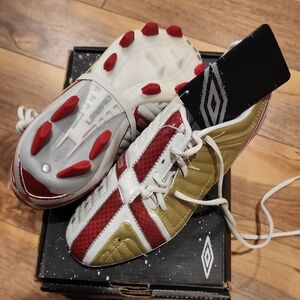 Umbro X-500-J KTK FG Red, White, and Gold Soccer Cleats